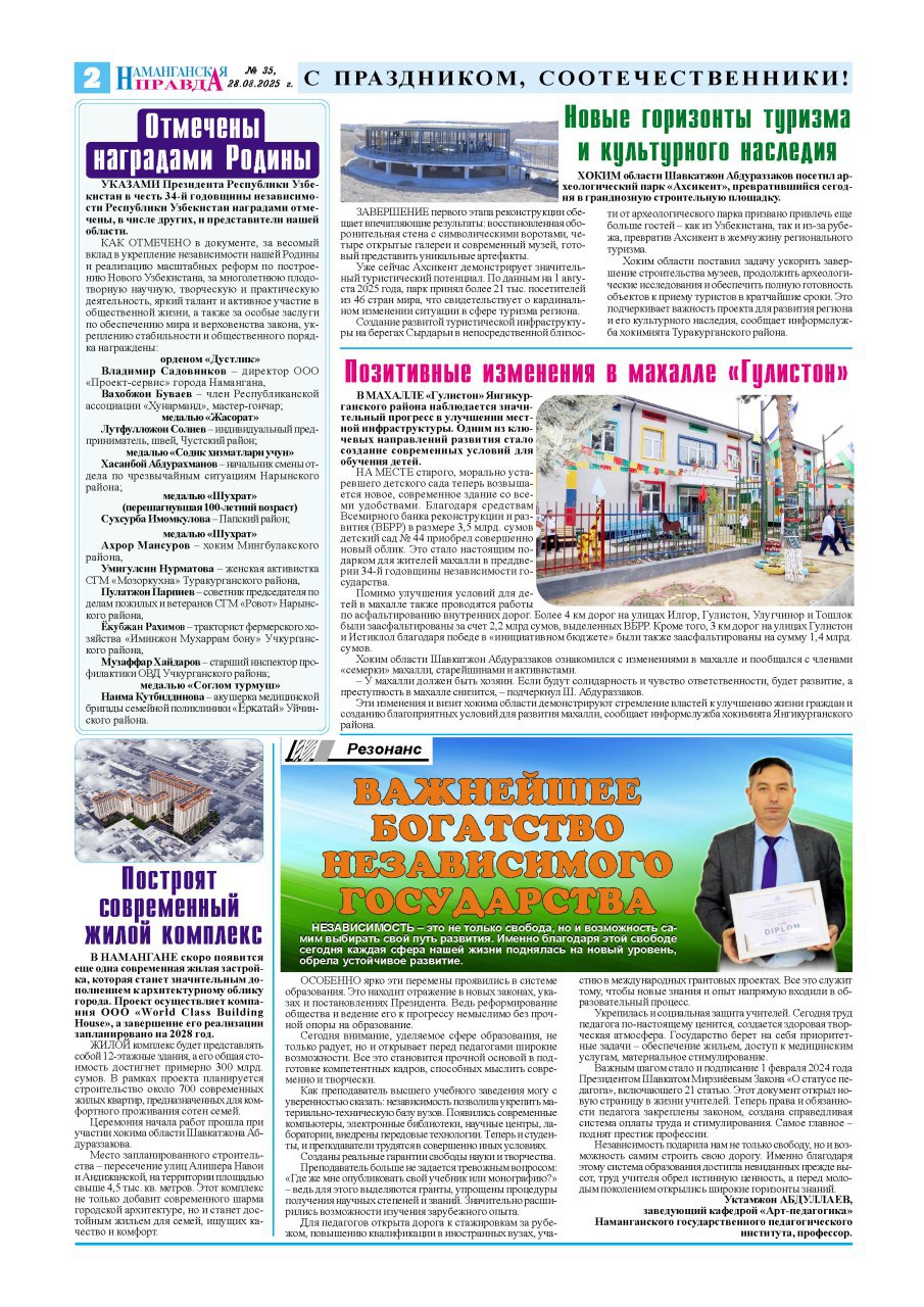 “Наманганская правда” gazetasining 28-avgust N35 (149 22)-sonida Namangan davlat pedagogika instituti
