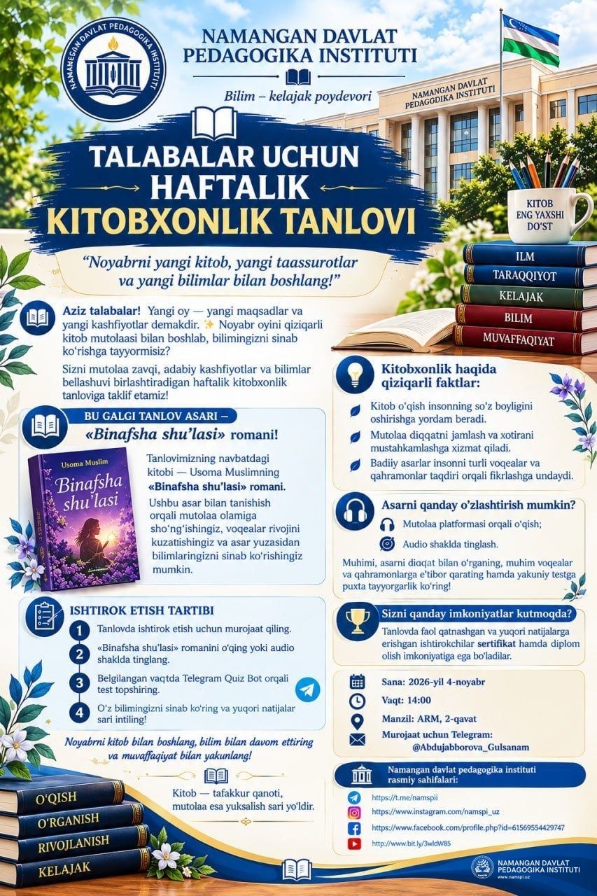 TALABALAR UCHUN HAFTALIK KITOBXONLIK TANLOVI