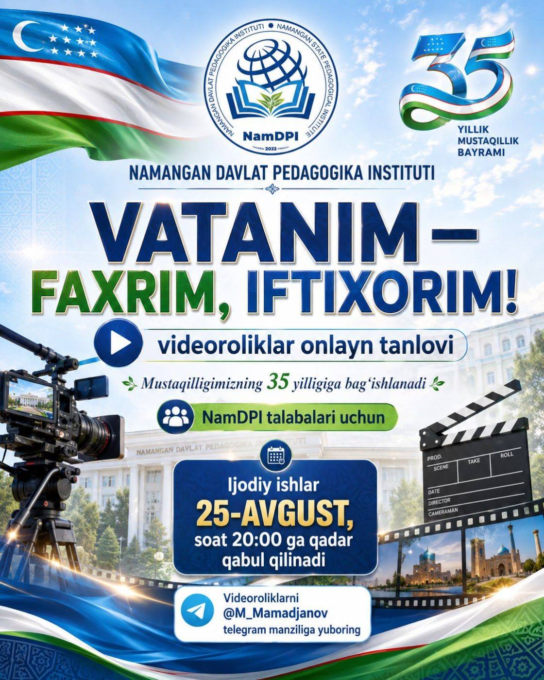 “VATANIM — FAXRIM, IFTIXORIM!” VIDEOROLIKLAR ONLAYN TANLOVI
