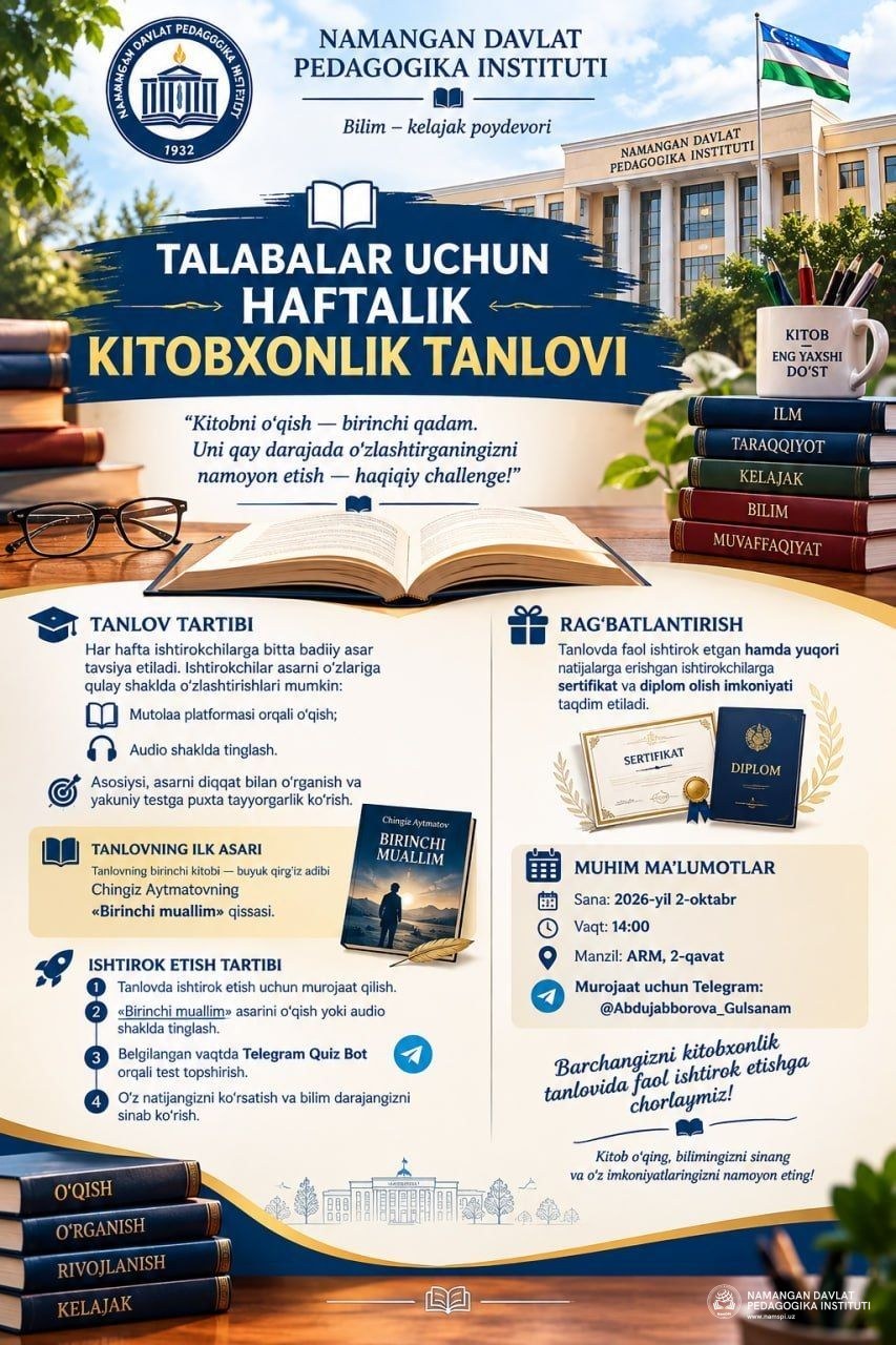 TALABALAR UCHUN HAFTALIK KITOBXONLIK TANLOVI