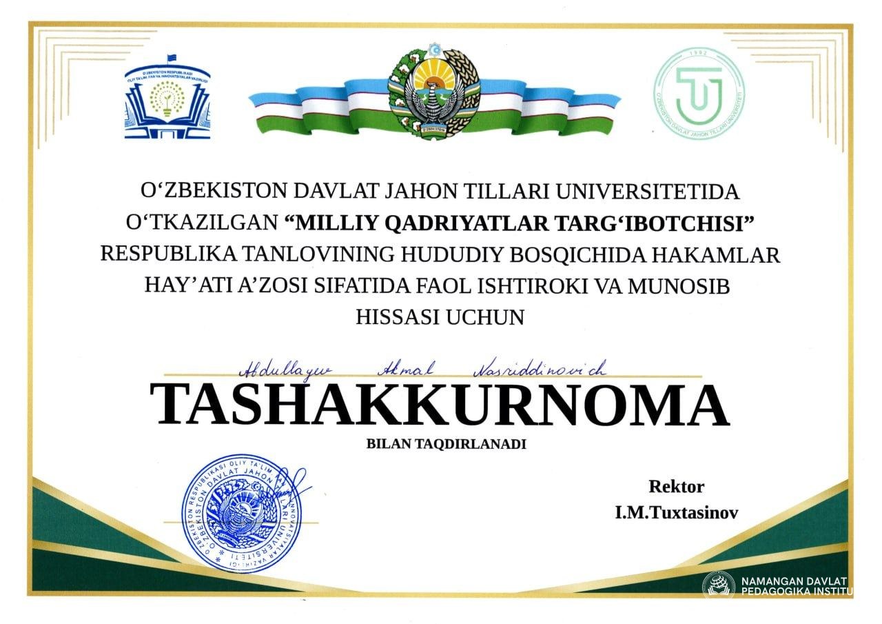 Namangan olimi – "Milliy qadriyatlar targ'ibotchisi" tanlovi hakamlar hay'atida