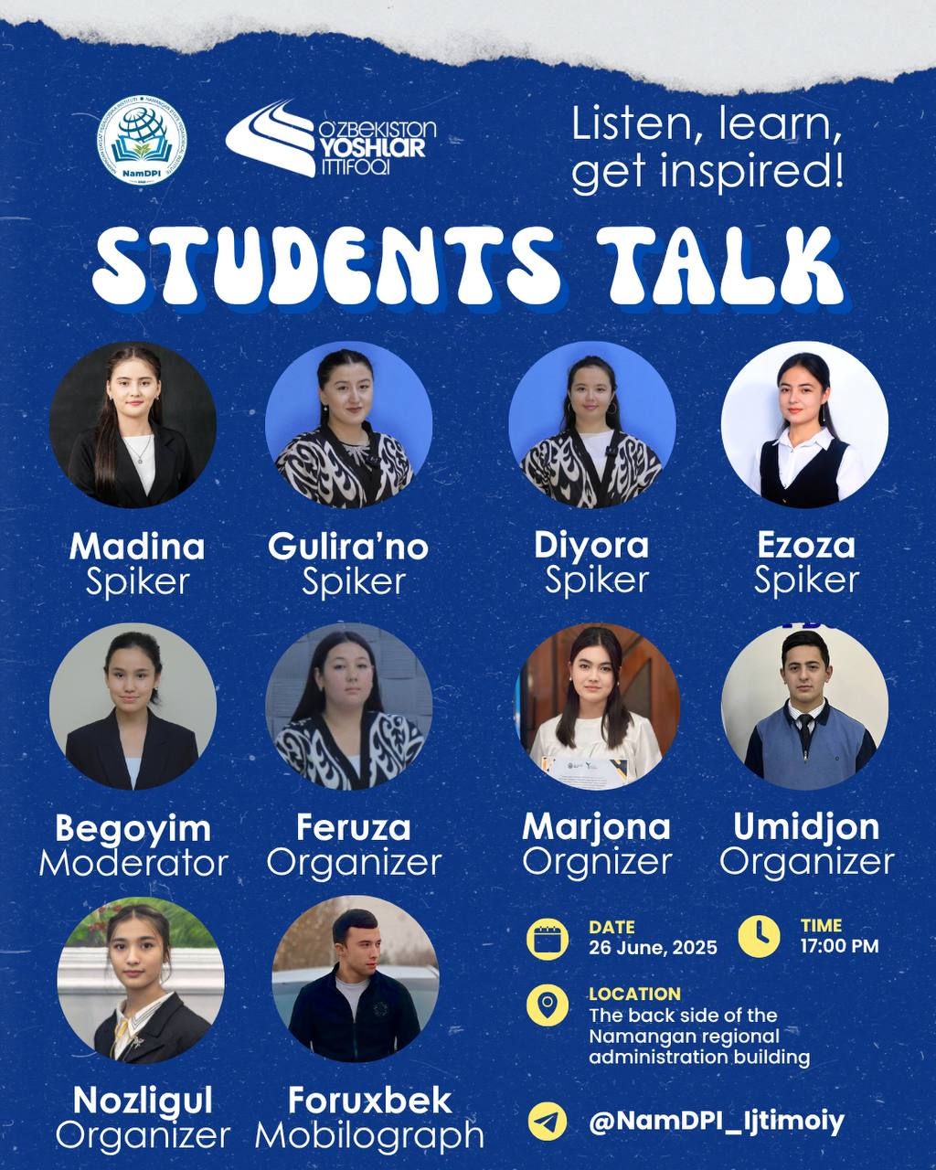 “Students Talk” loyihasi spikerlari va tashkiliy jamoa a’zolari bilan tanishing!