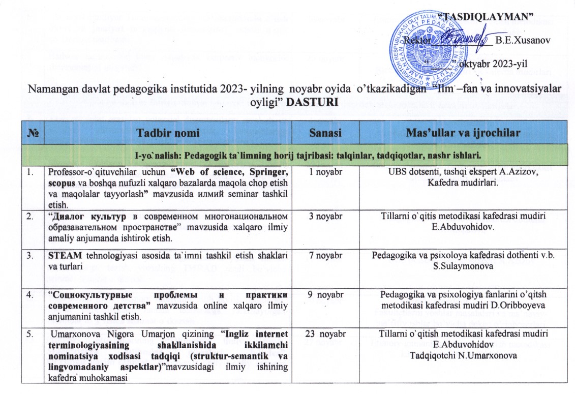 Namangan davlat pedagogika institutida 2023-yilning noyabr oyida o'tkaziladigan "Ilm - fan va innovatsiyalar oyligi" dasturi